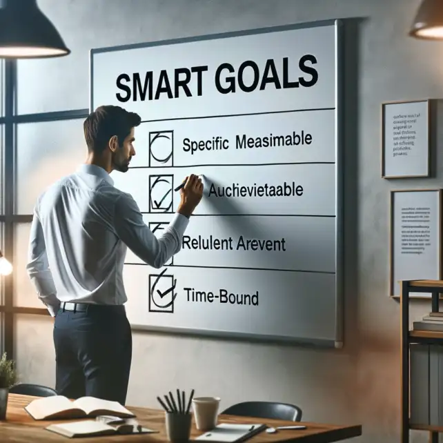 An image of a person standing in front of a large bulletin board, placing colorful sticky notes that detail various SMART goals. The background shows a bright, organized office space. The person is depicted as a middle-aged Caucasian male, wearing casual business attire, actively engaging in planning.
