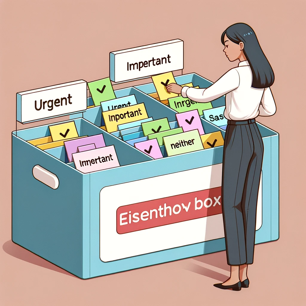 Here's the image for the strategy "Prioritize Tasks" featuring a person using the Eisenhower Box for task organization.