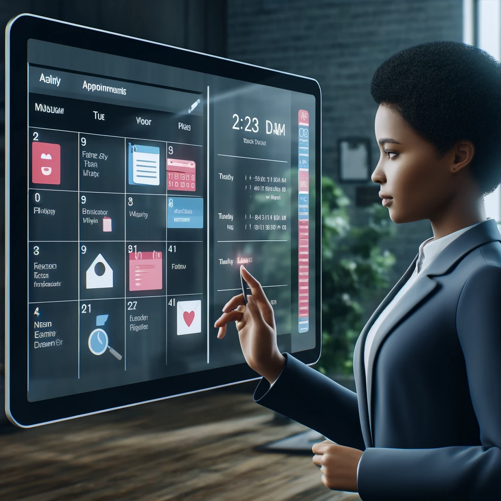 Here's the image for the strategy "Use Tools and Technology" featuring a person using a digital calendar on a touchscreen.